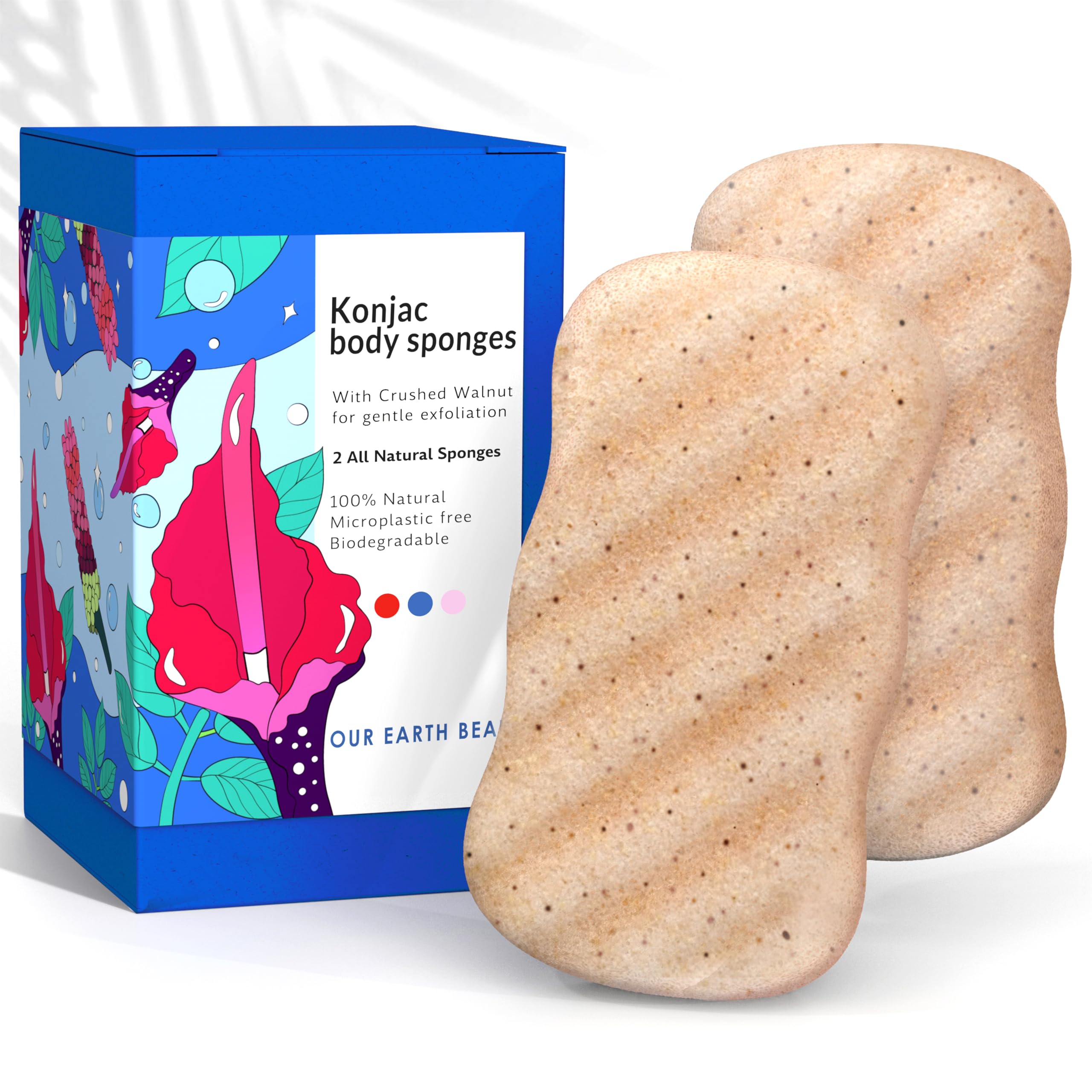 Our Earth Beauty konjac sponge body walnut pack front shows eco friendly packaging for a plastic free routine.