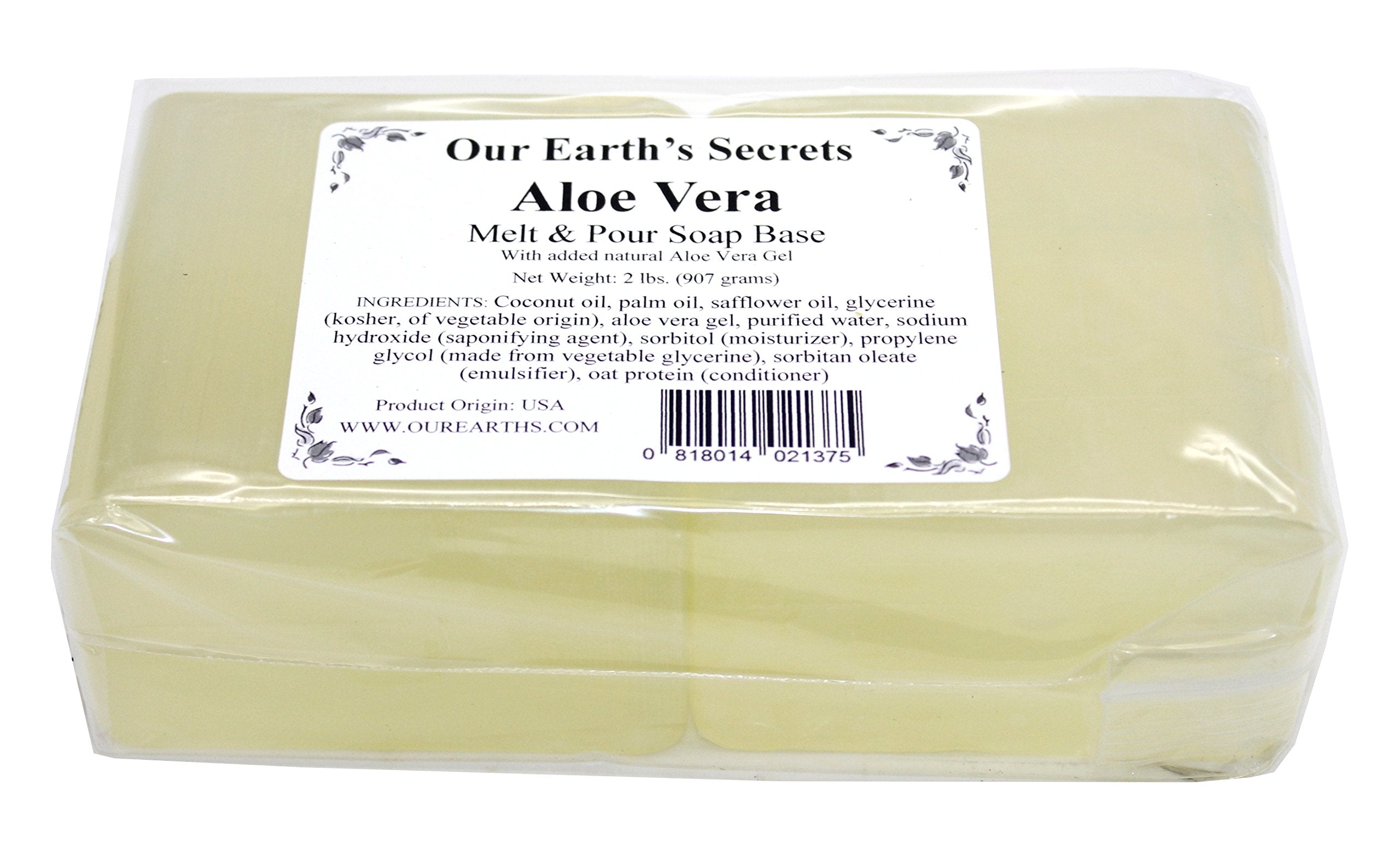 Our Earth's Secrets Aloe Vera melt and pour base ingredients closeup highlighting vegan, SLS-free formulation