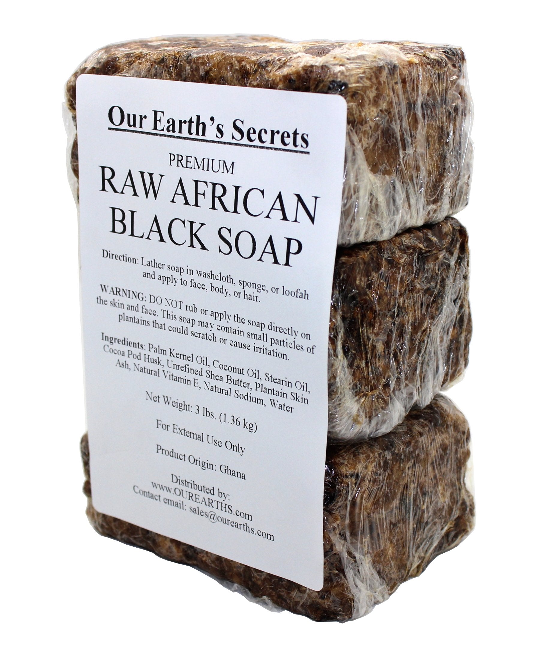 Our Earth's Secrets African Black Soap block from Ghana for natural cleansing