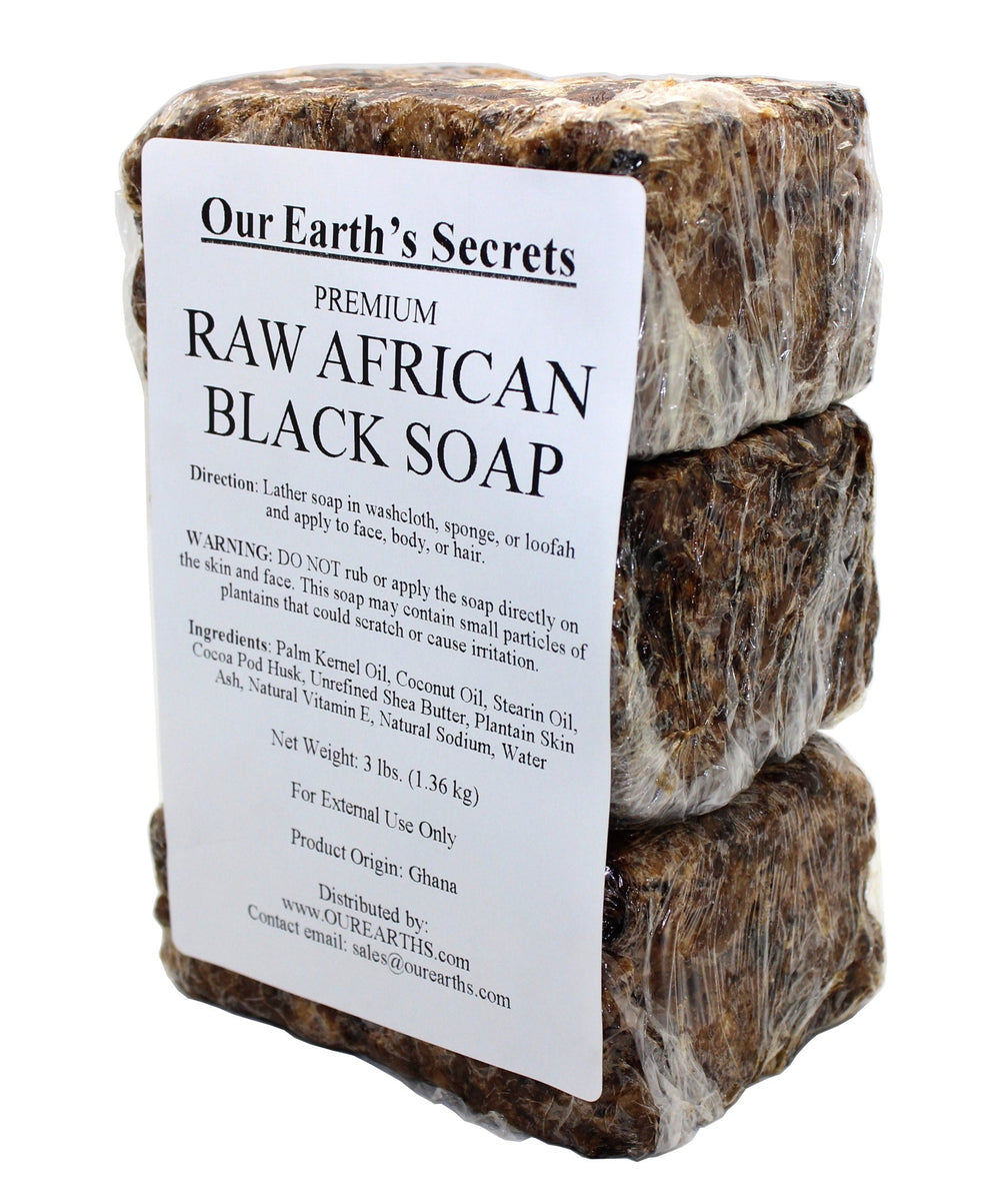 Our Earth's Secrets African Black Soap block from Ghana for natural cleansing
