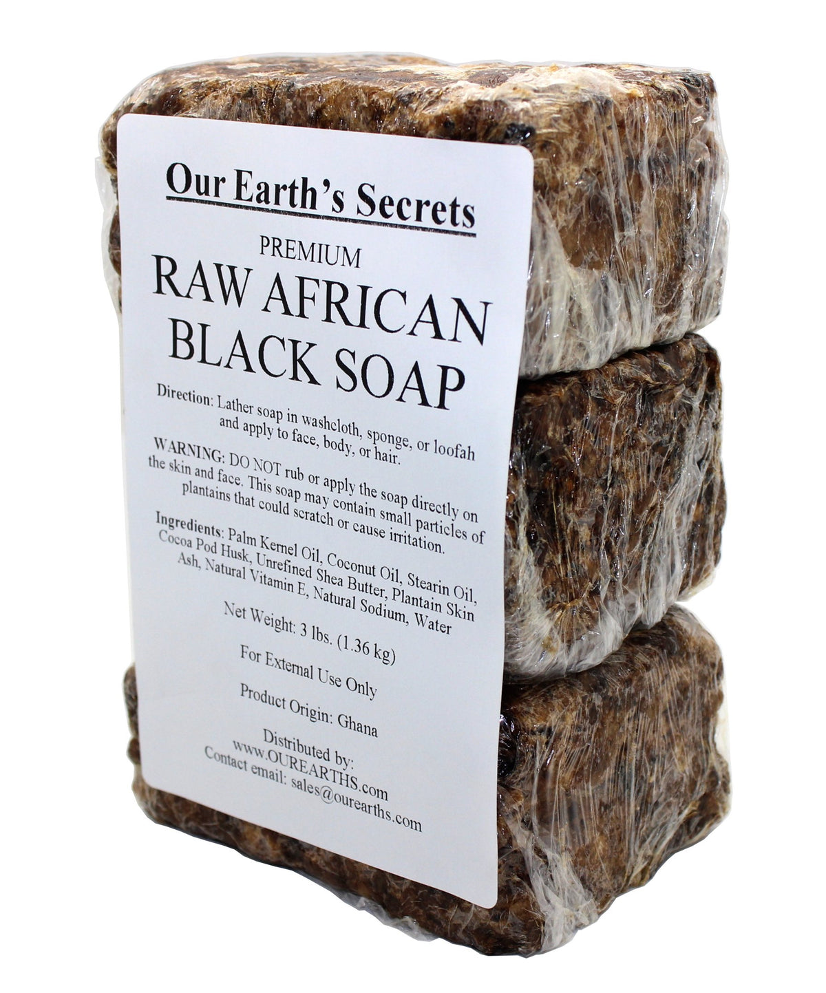 Our Earth's Secrets African Black Soap block from Ghana for natural cleansing