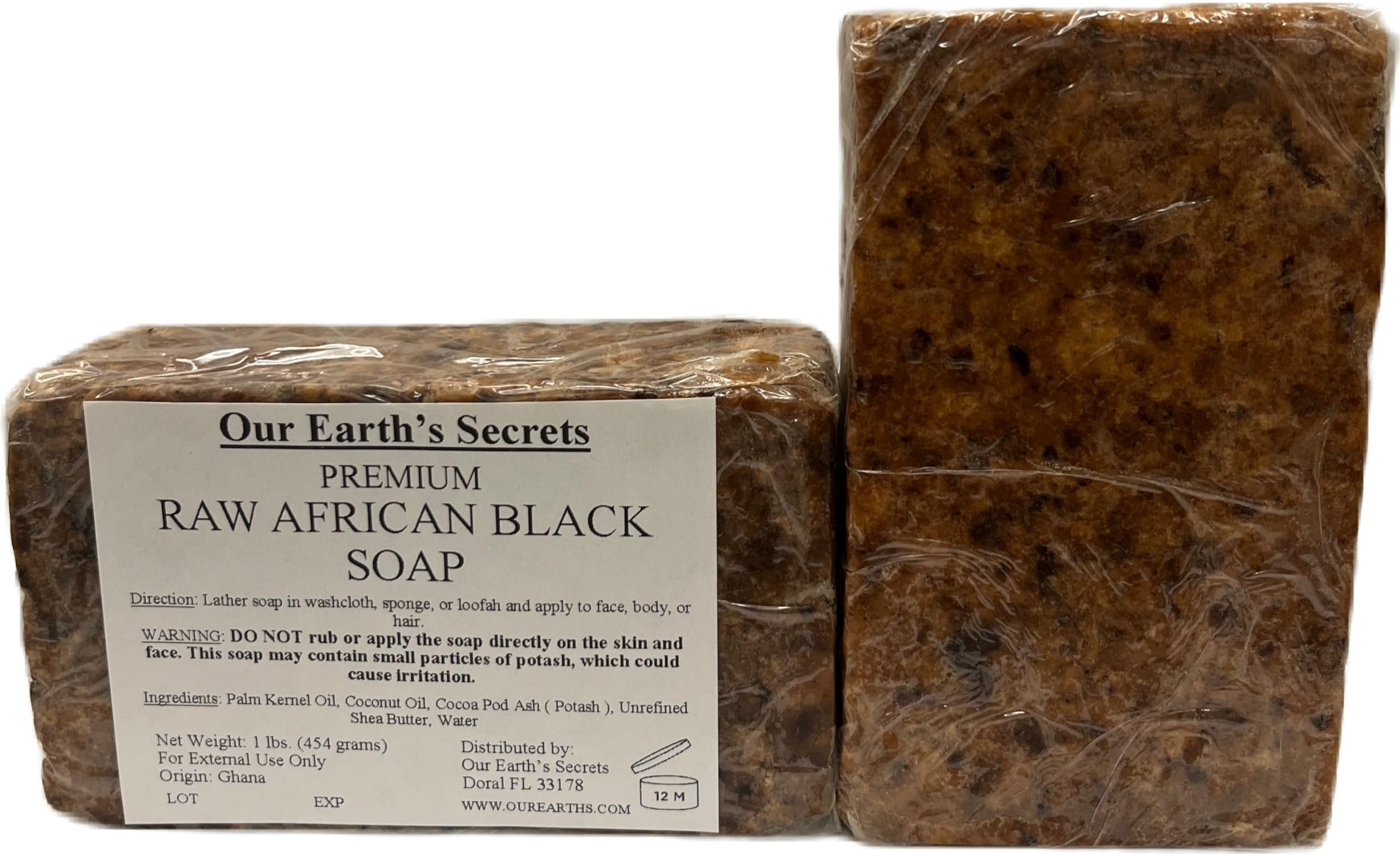 Our Earth's Secrets 1 lb packaging highlighting Ghana origin and premium quality.