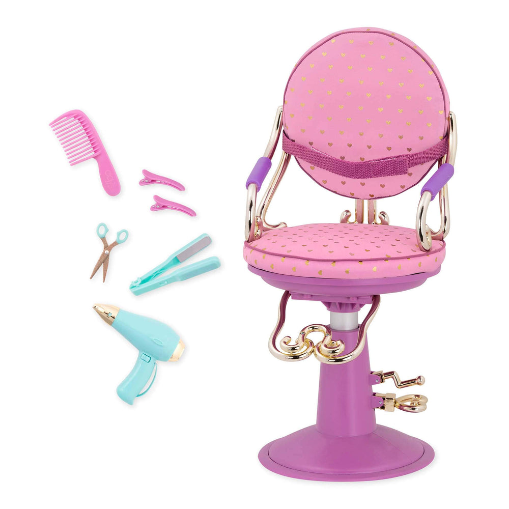 Our Generation pink chair from the salon set sparks imaginative styling play.