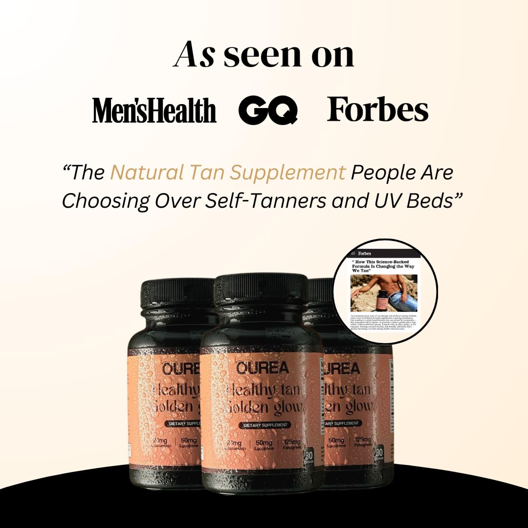Ourea tanning pill capsules closeup showing easy daily use for skin vitality.