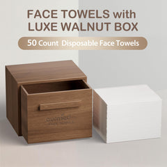 Ourmed Life 50-count disposable face towels neatly placed in the walnut box