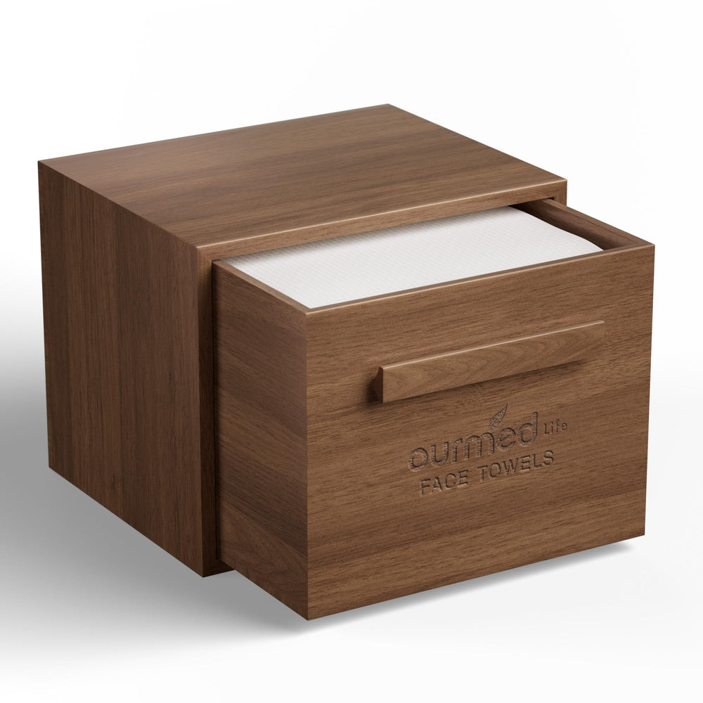 Ourmed Life walnut wood face towel holder box shows moisture-resistant storage for bathroom towels