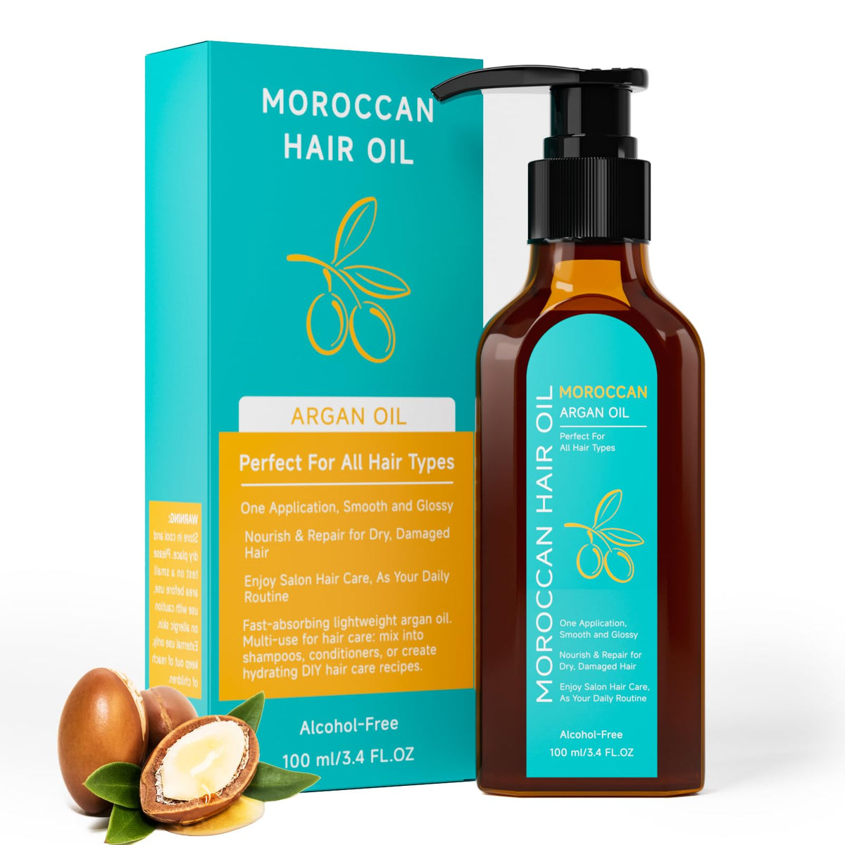Outccogo Moroccan Argan Oil bottle close-up for deep hydration and frizz control.