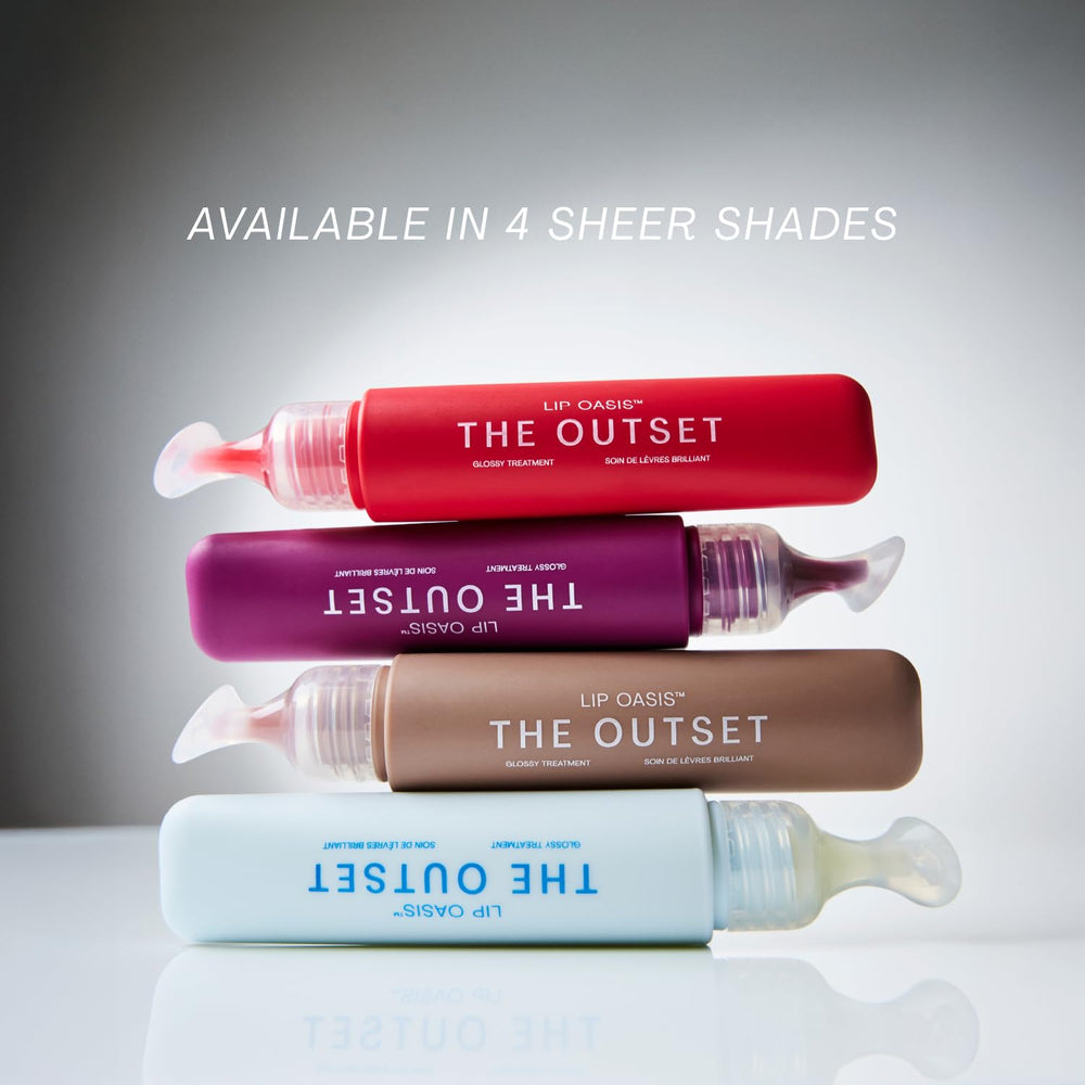 The Outset Lip Oasis Glossy Treatment pout-softening close-up suggests smoother lip lines.