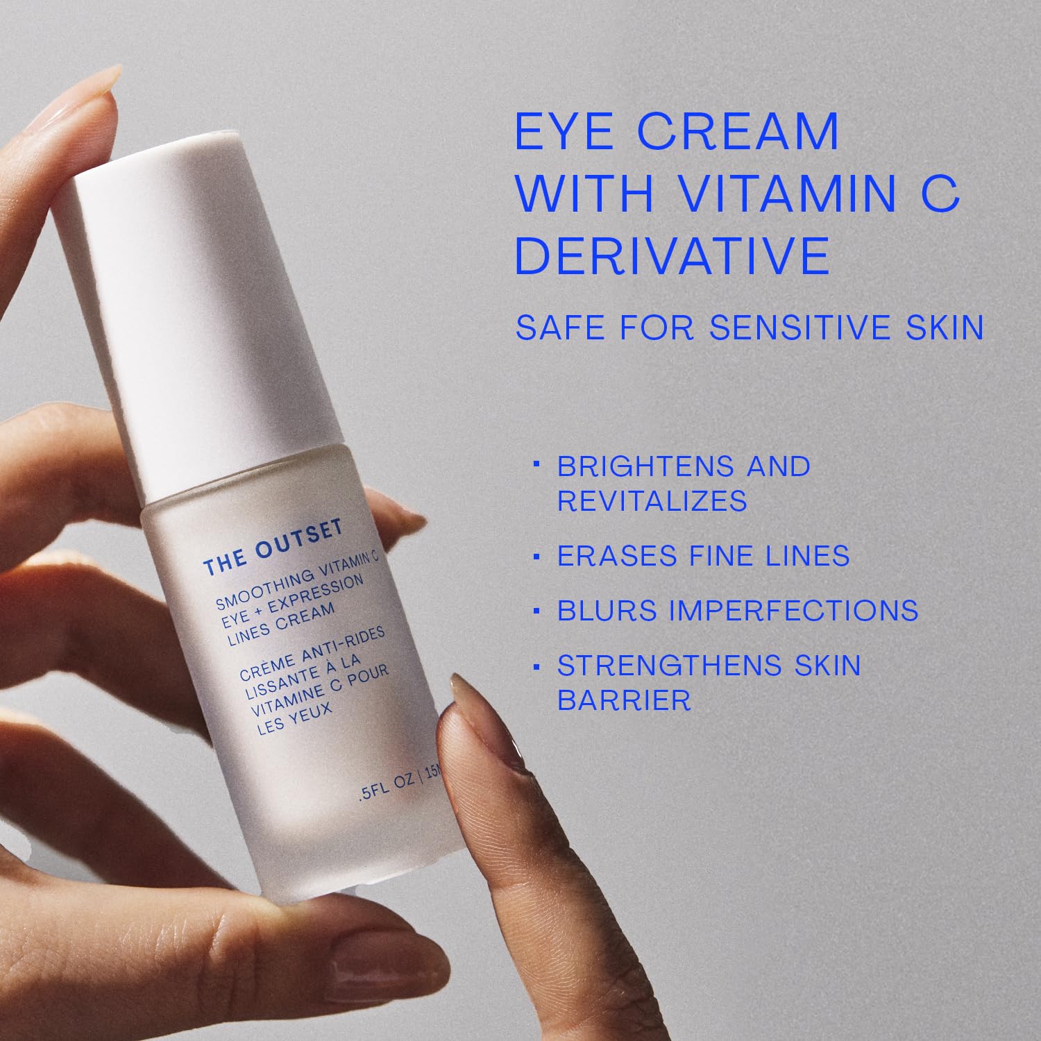 The Outset Vitamin C Smoothing Eye Cream texture close-up highlights a creamy, fragrance-free consistency.