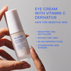 The Outset Vitamin C Smoothing Eye Cream texture close-up highlights a creamy, fragrance-free consistency.