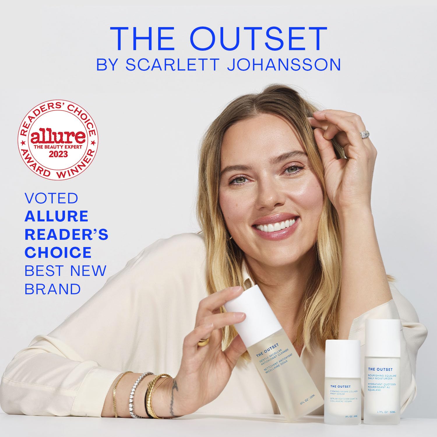 The Outset Vitamin C Smoothing Eye Cream under-eye application demonstrates gentle tapping for smooth results.