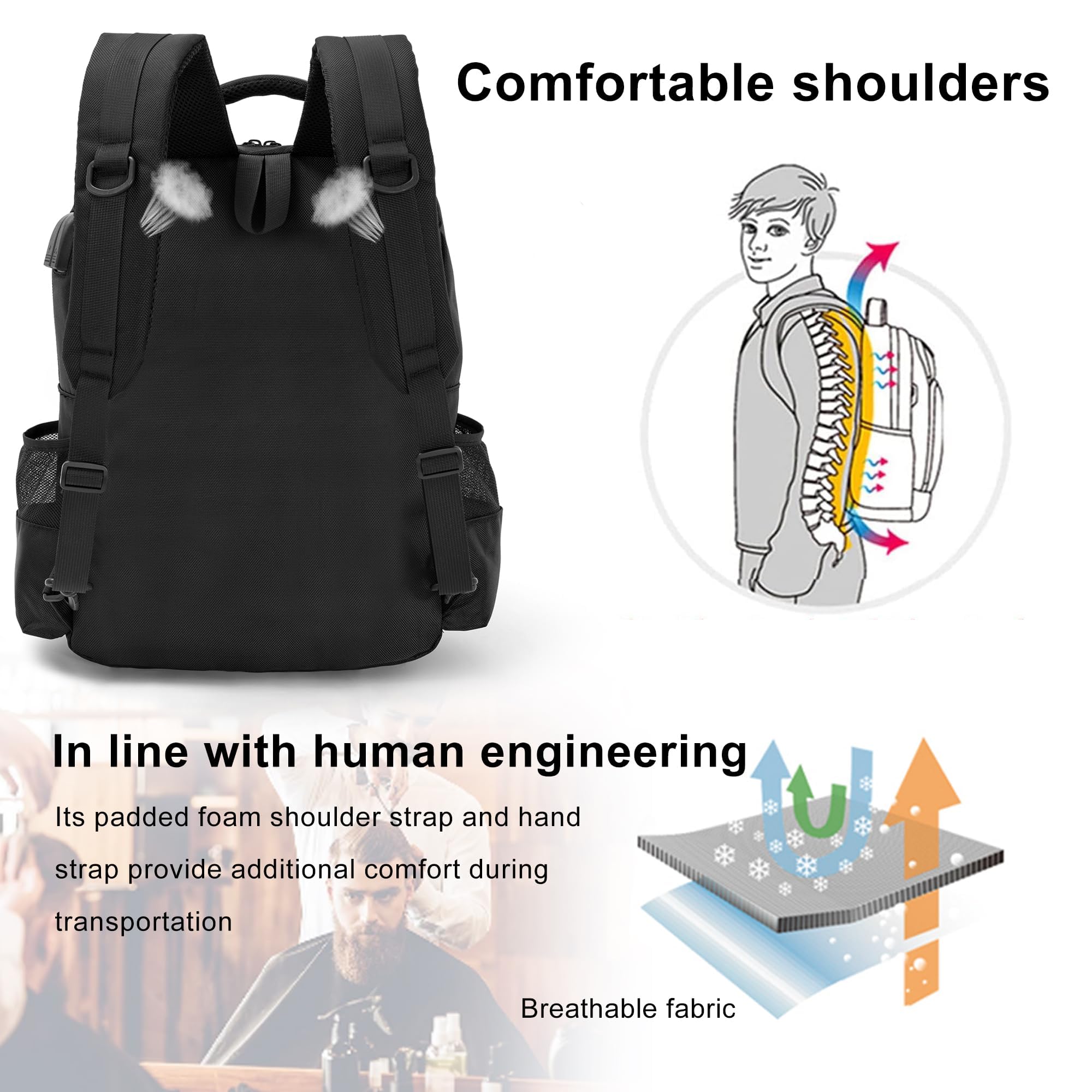 OUUTMEE barber supplies bag backpack side pockets hold water bottles for on-site work.