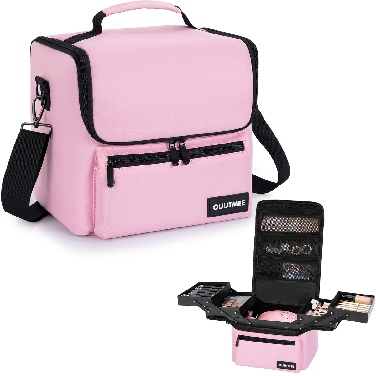 OUUTMEE makeup travel train case front view showing structured compartments for cosmetics.