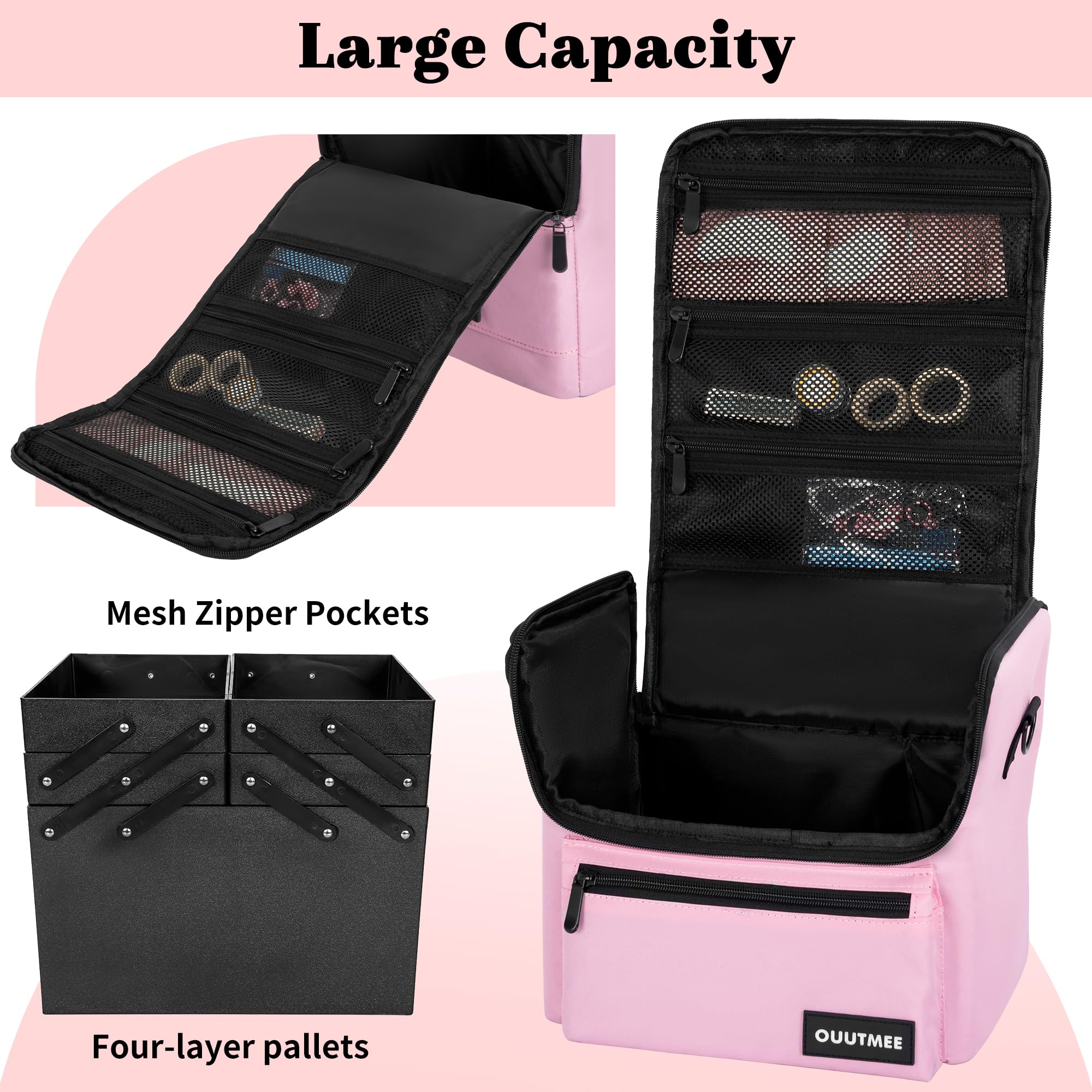 OUUTMEE makeup travel train case with open compartments for easy tool access.