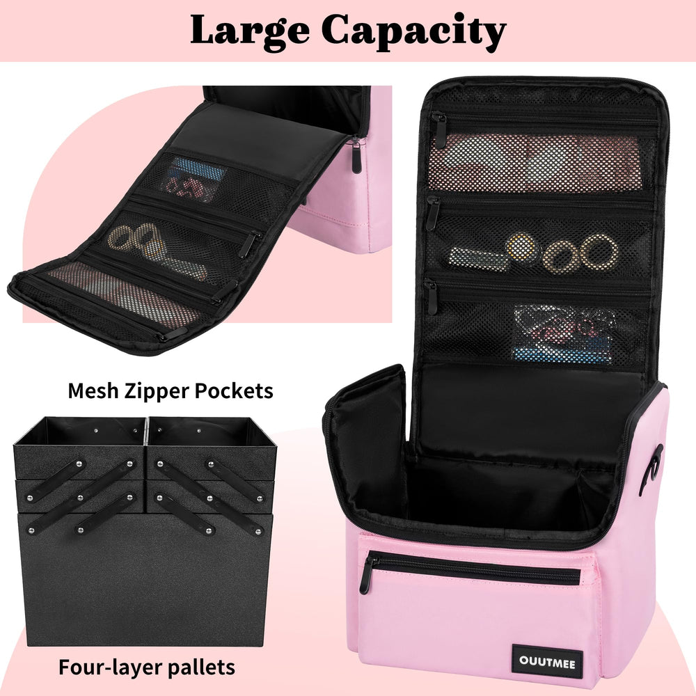 OUUTMEE makeup travel train case with open compartments for easy tool access.