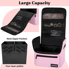 OUUTMEE makeup travel train case with open compartments for easy tool access.
