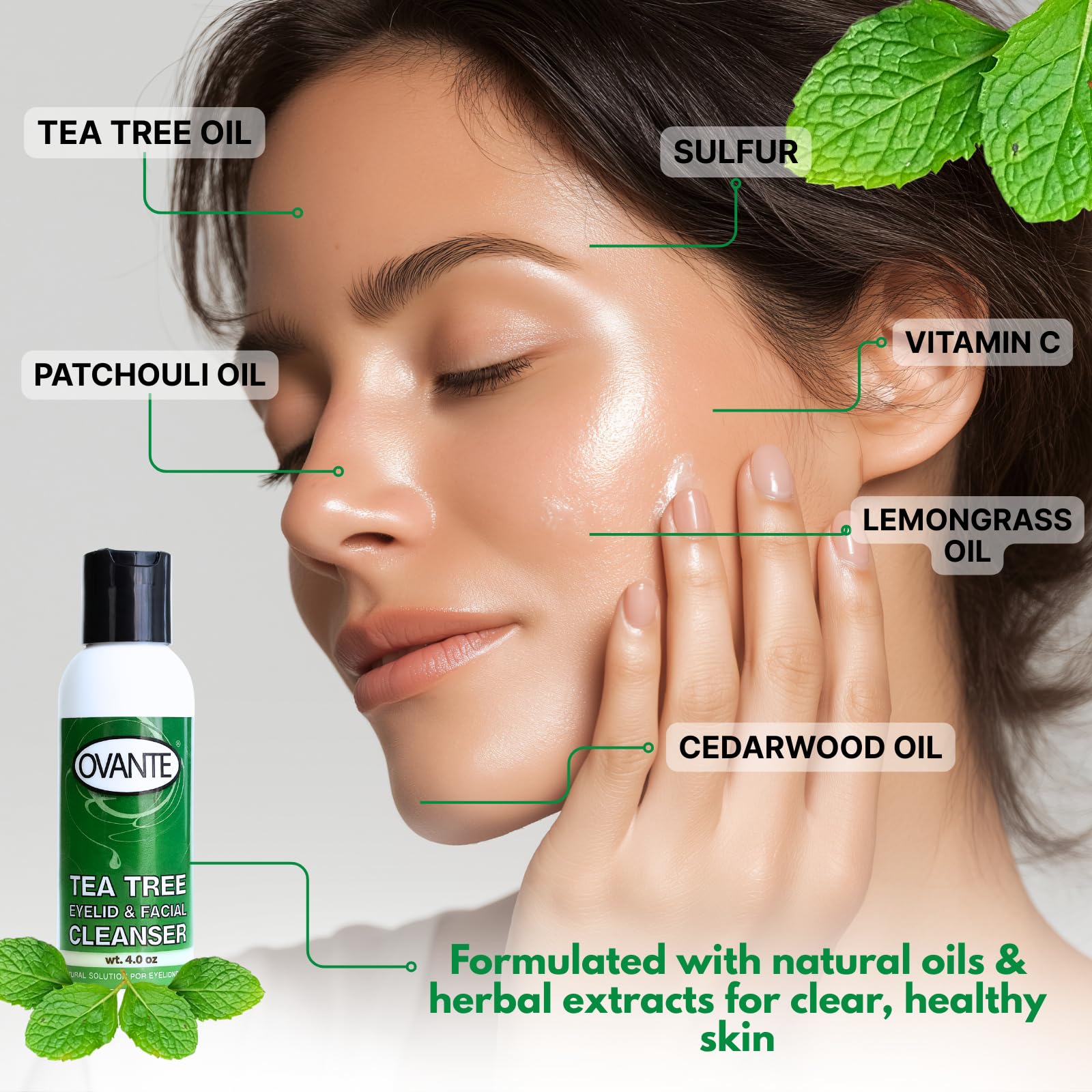 OVANTE Tea Tree Oil Eyelid Cleanser ingredients emphasize natural extracts and vitamins for skin comfort.