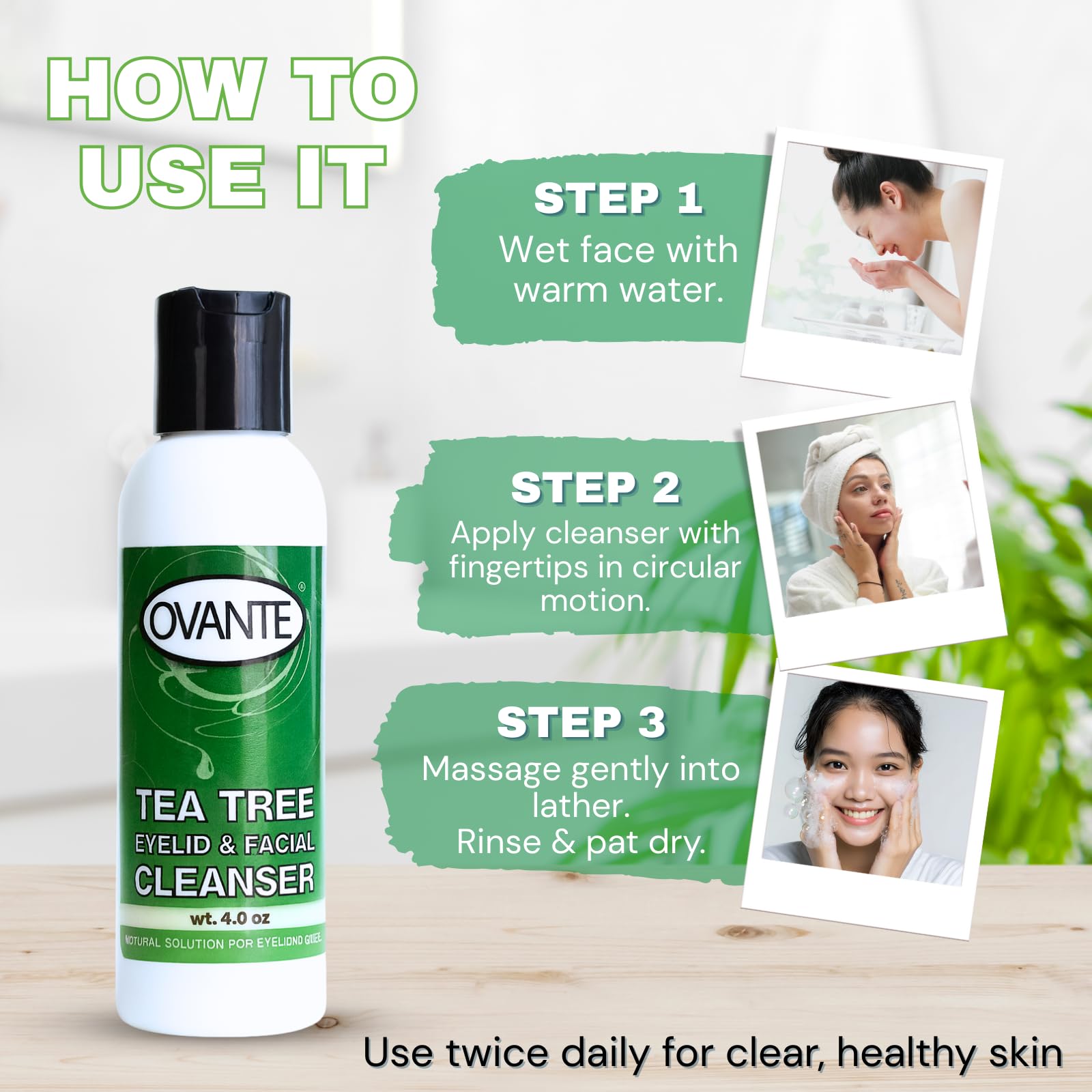 OVANTE Tea Tree Oil Eyelid Cleanser texture highlights a smooth, non-irritating wash.