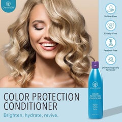 Ovation Hair Color Protection Conditioner bottle back—parabens- and sulfates-free formula for daily use.