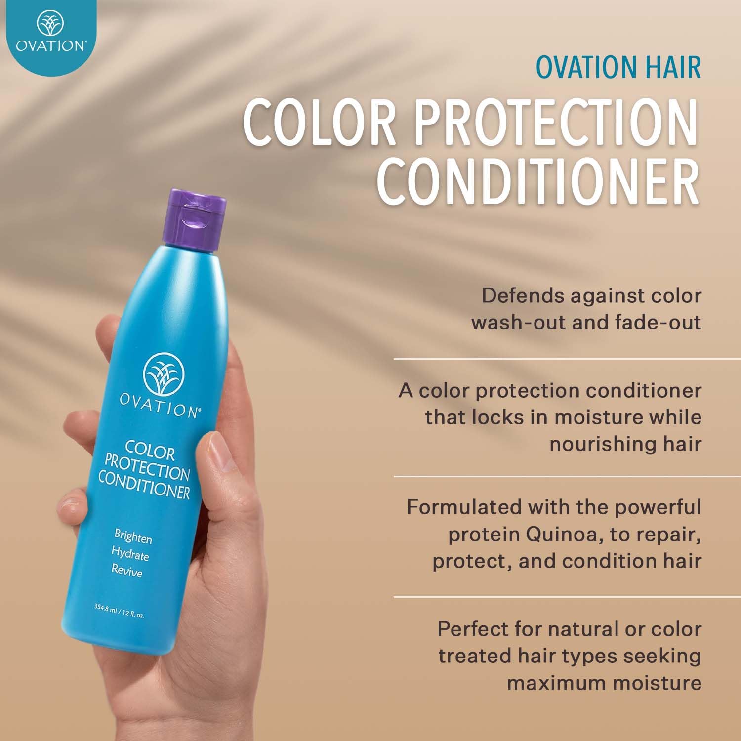 Ovation Hair Color Protection Conditioner ingredients—avocado, aloe, and natural oils nourish color-treated hair.