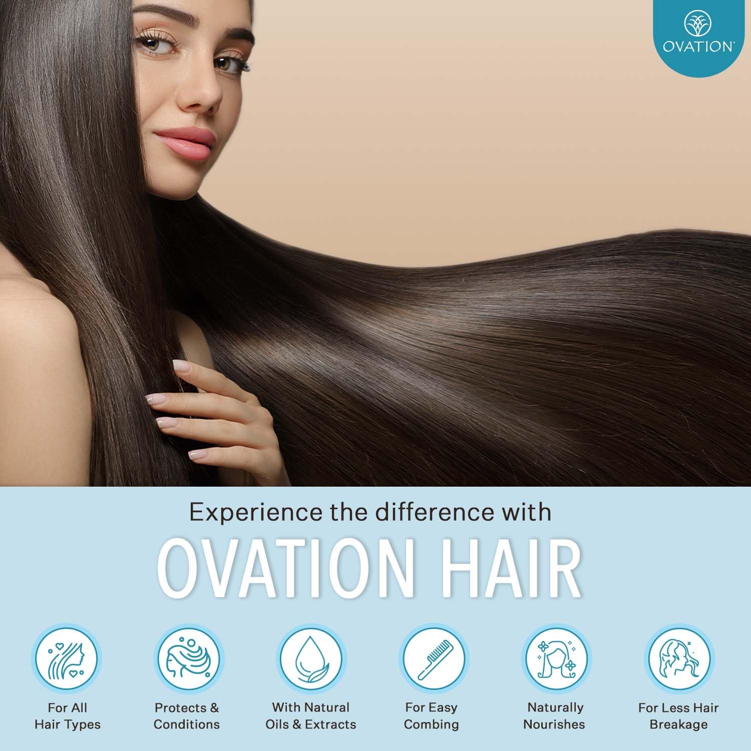 Ovation Hair Color Protection Shampoo on bathroom shelf emphasizes everyday color care.