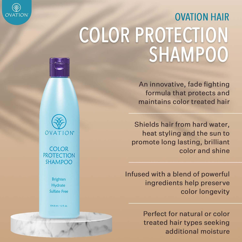 Ovation Hair Color Protection Shampoo bottle highlights sulfate- and paraben-free formulation.