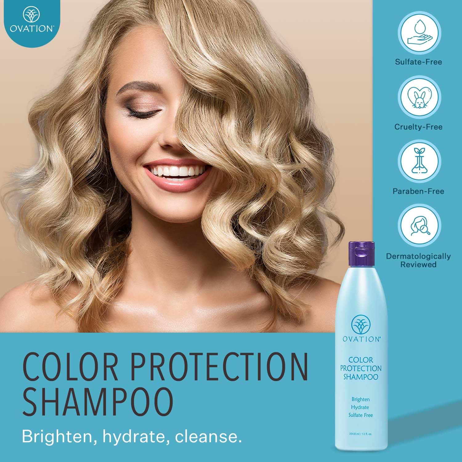 Ovation Hair Color Protection Shampoo ingredients close-up shows nourishing avocado, rice bran, passionfruit oils.