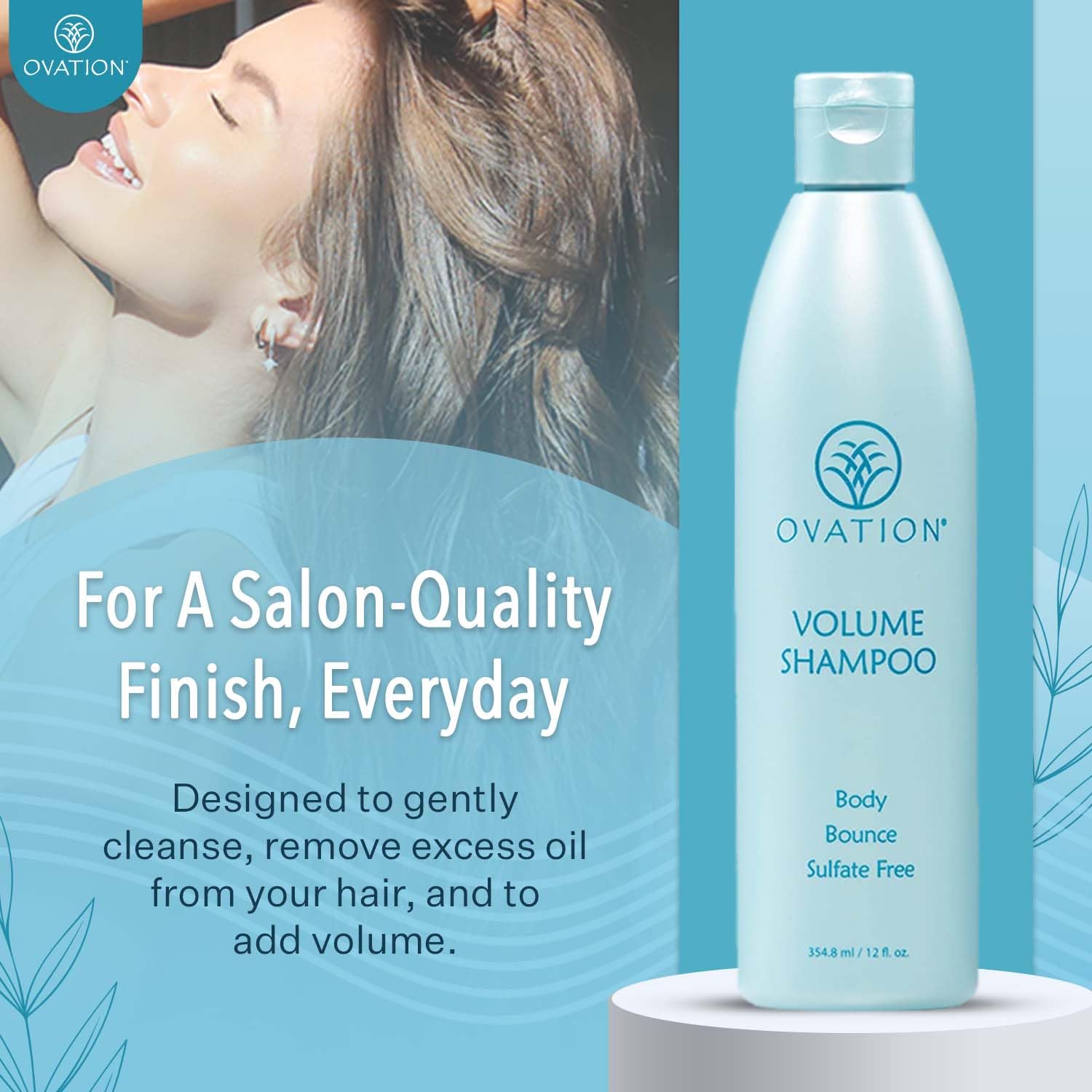 Ovation Hair Volume Shampoo ingredients closeup highlights fenugreek and aloe.