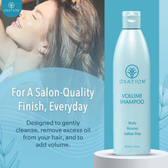 Ovation Hair Volume Shampoo ingredients closeup highlights fenugreek and aloe.