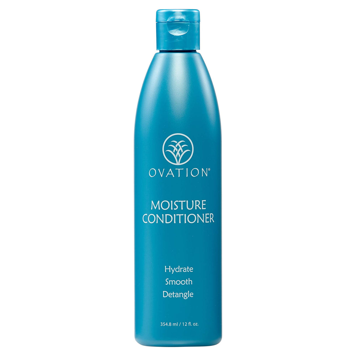 Ovation Moisture Conditioner bottle pour highlights hydrating formula for smooth, manageable hair.