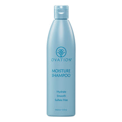 Ovation Moisture Shampoo bottle front showing hydrating formula for all hair types.