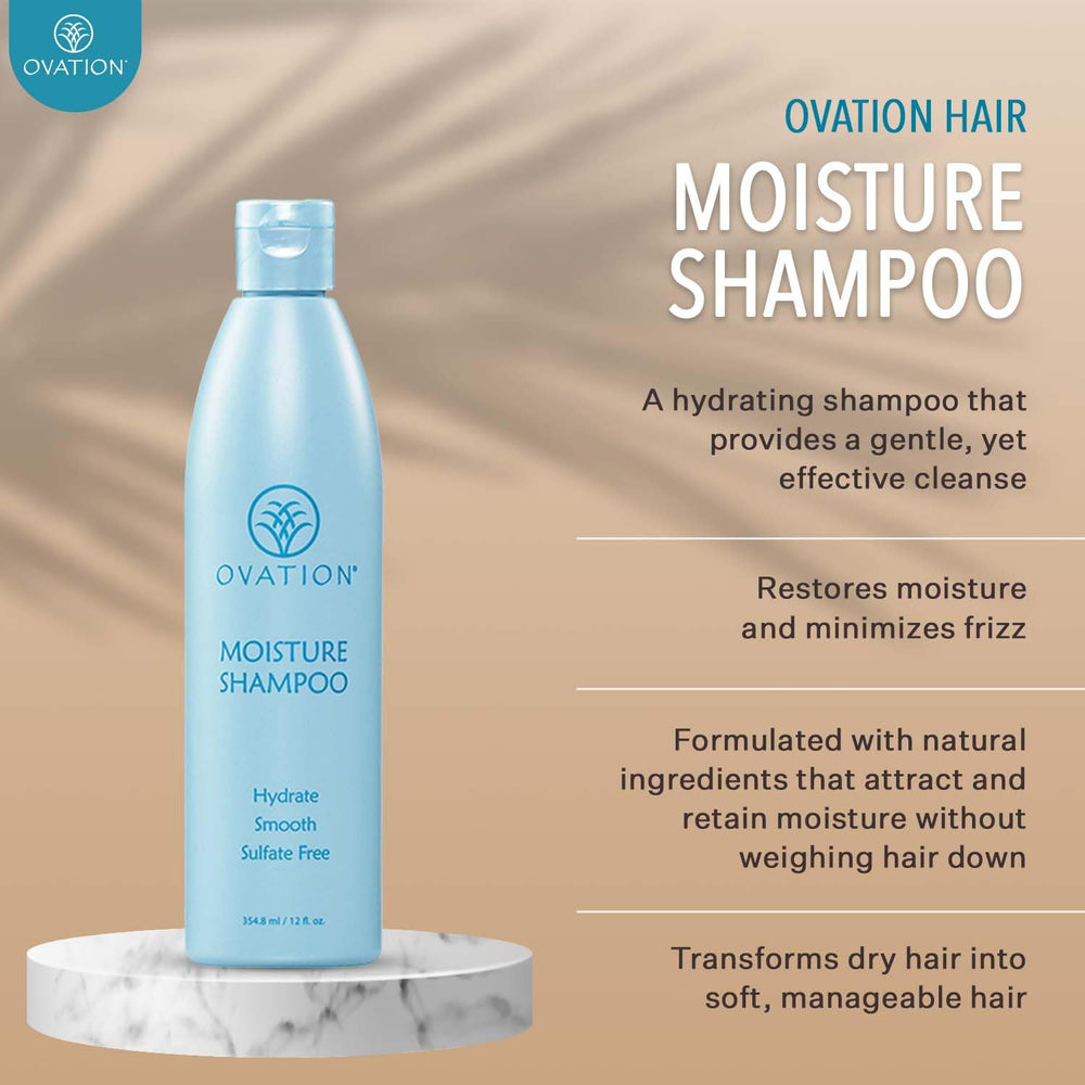 Ovation Moisture Shampoo ingredients teaser reveals vitamins and amino acids for nourishment.