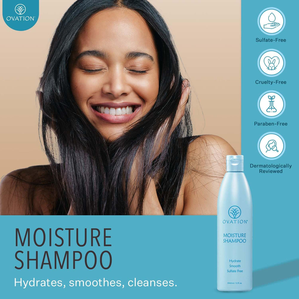 Ovation Moisture Shampoo lather close-up highlighting gentle cleanse and moisture infusion.