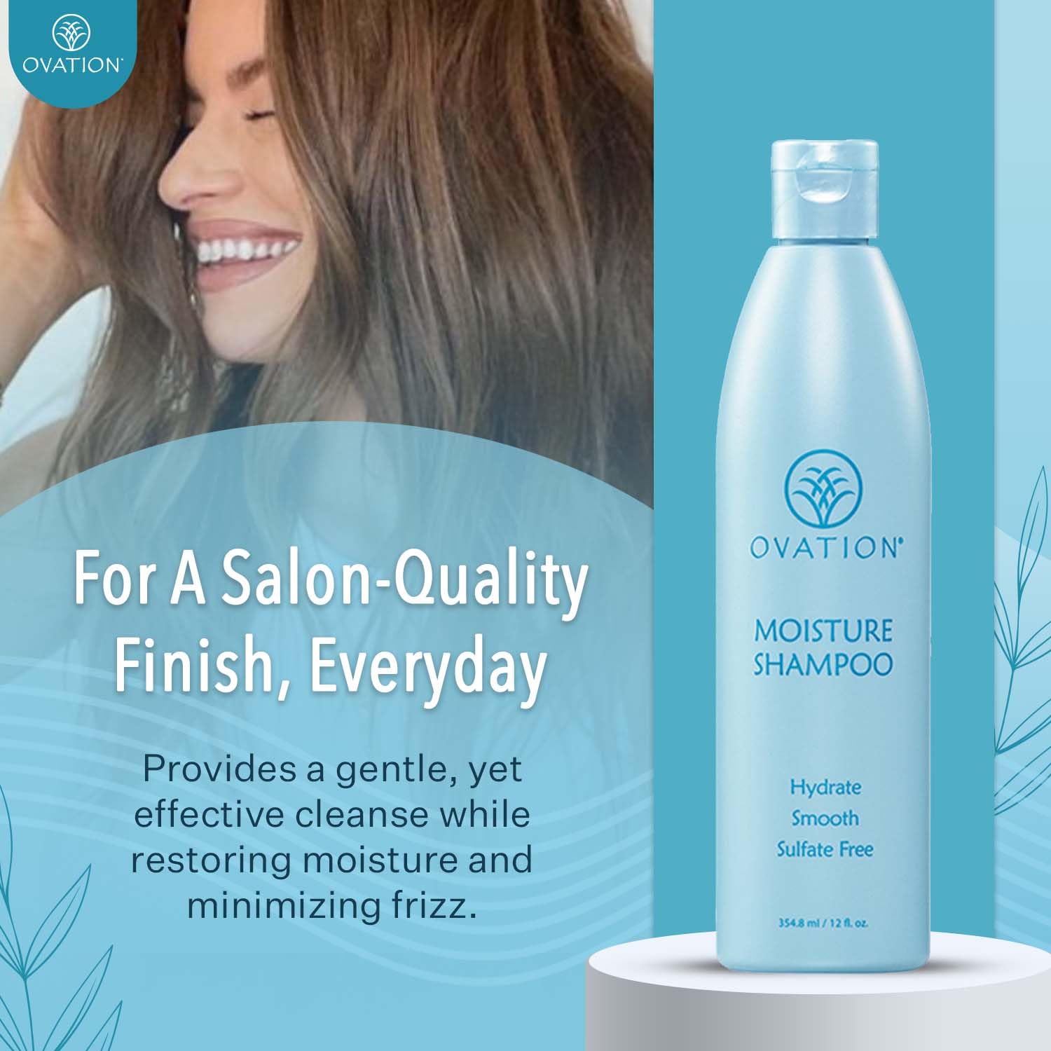 Ovation Moisture Shampoo pump-top for easy, travel-friendly dispensing.