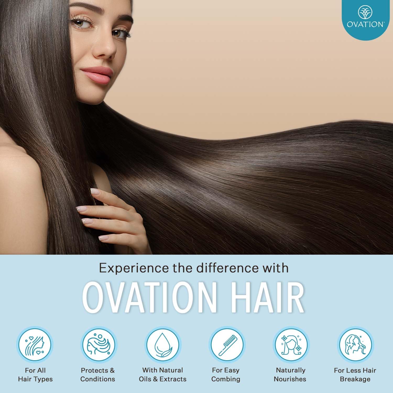 Ovation Moisture Shampoo soft-hair result image implying frizz control and manageability.