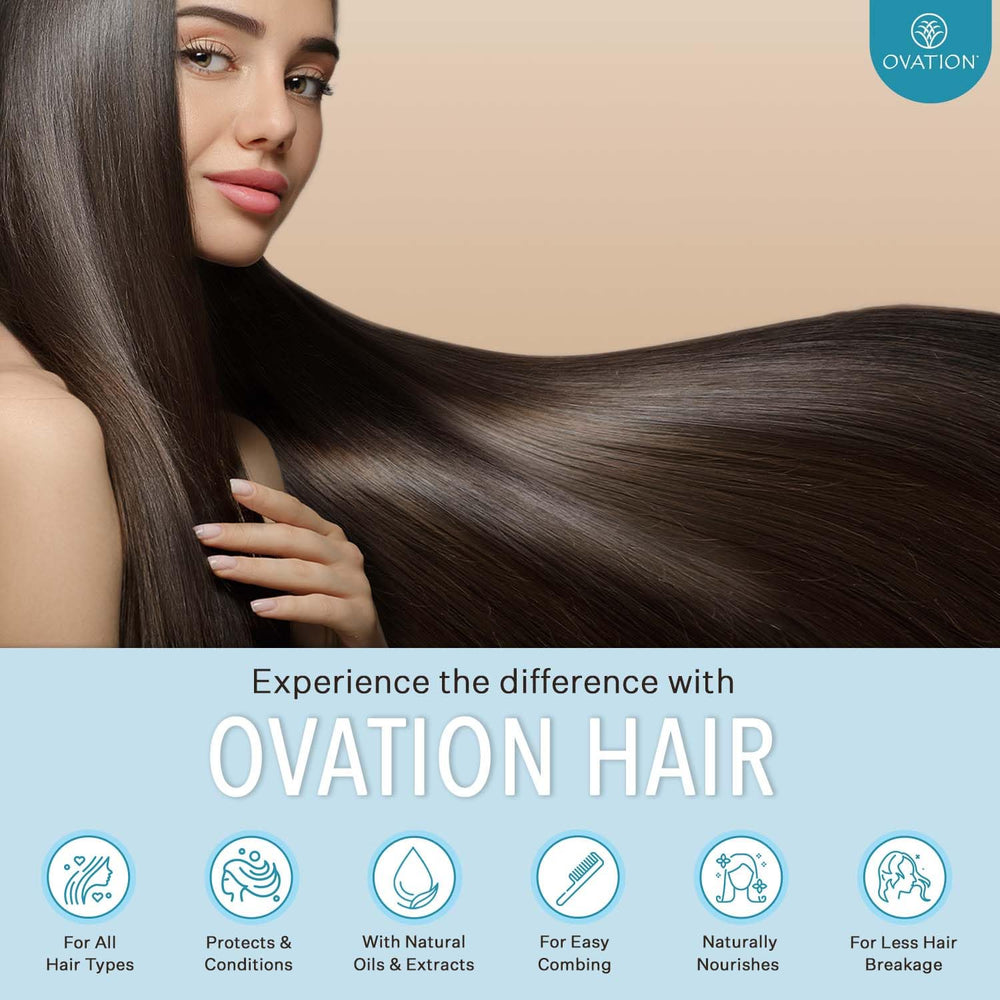 Ovation Moisture Shampoo soft-hair result image implying frizz control and manageability.