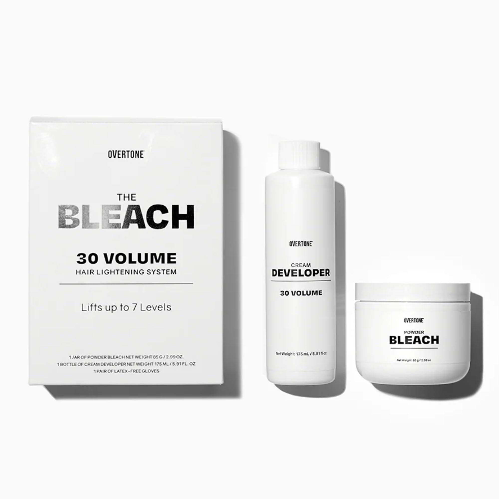 oVertone Bleach 30-Volume lifts seven levels for vibrant results.