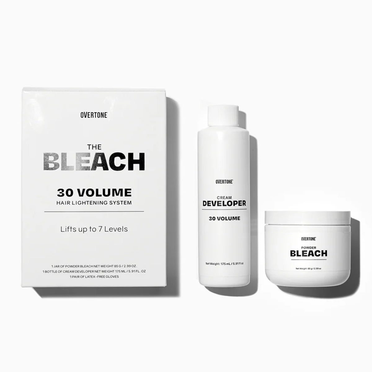 oVertone Bleach 30-Volume lifts seven levels for vibrant results.