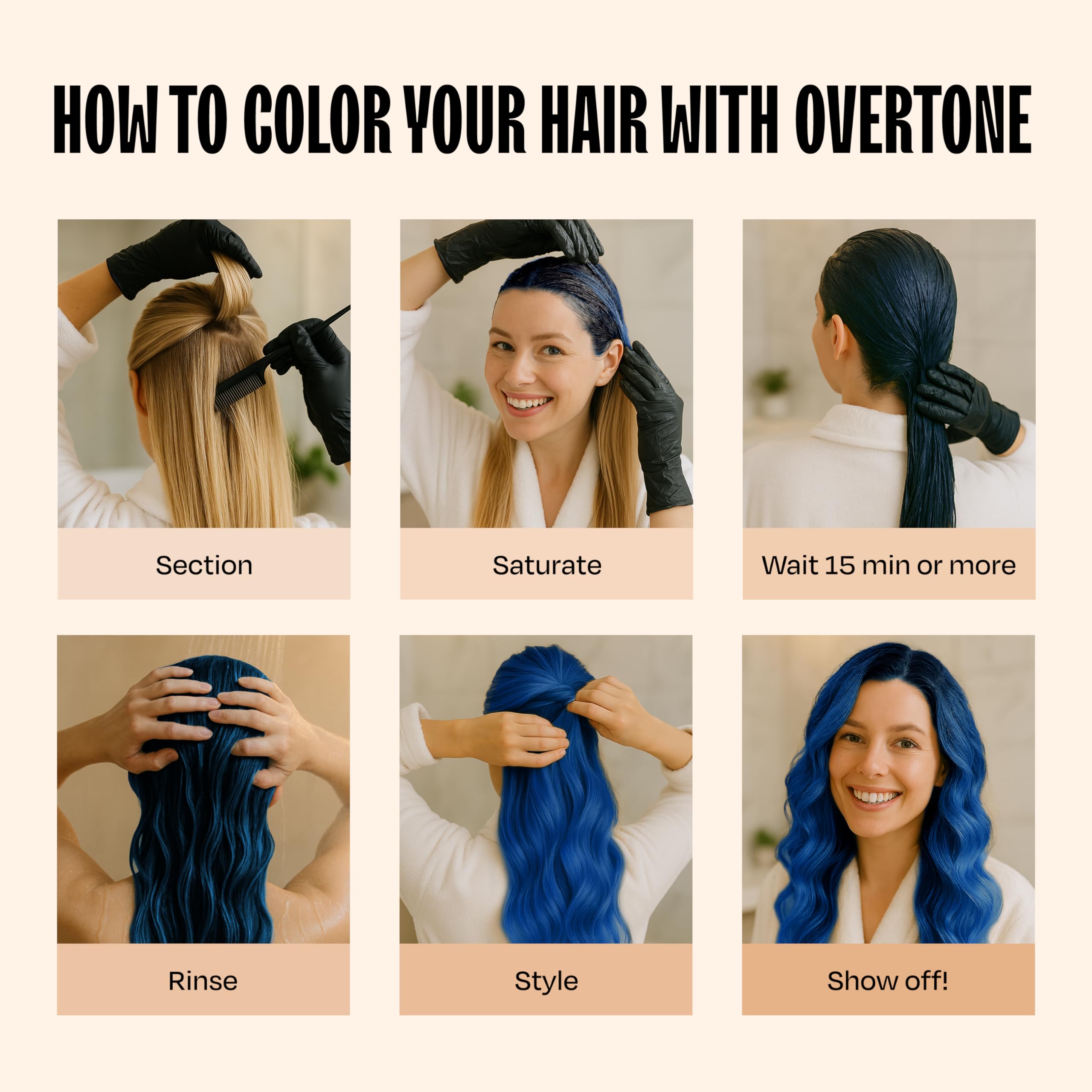 Overtone bottle and glove in process shot demonstrating easy at-home routine