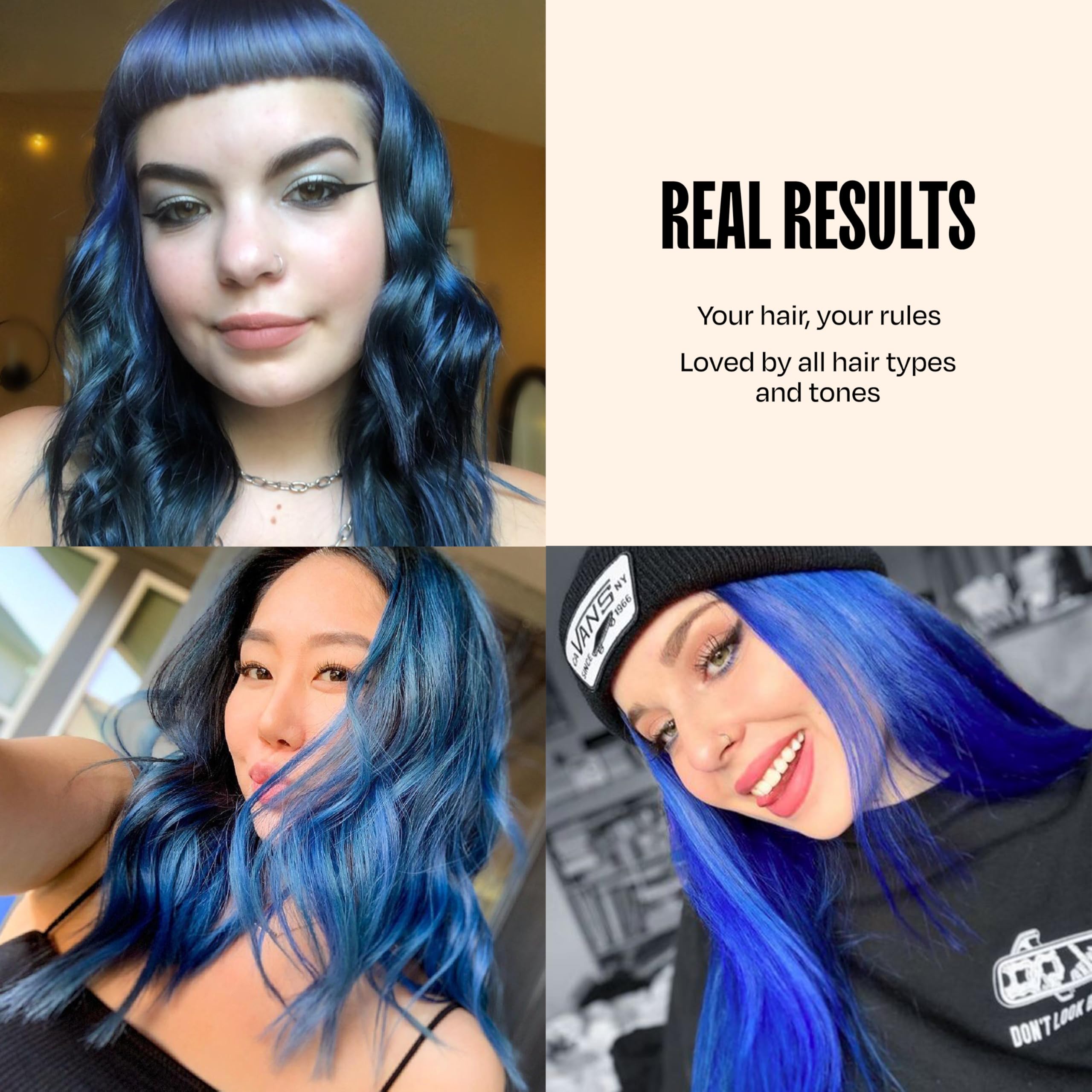 Overtone brown hair with extreme blue result showing bold shade