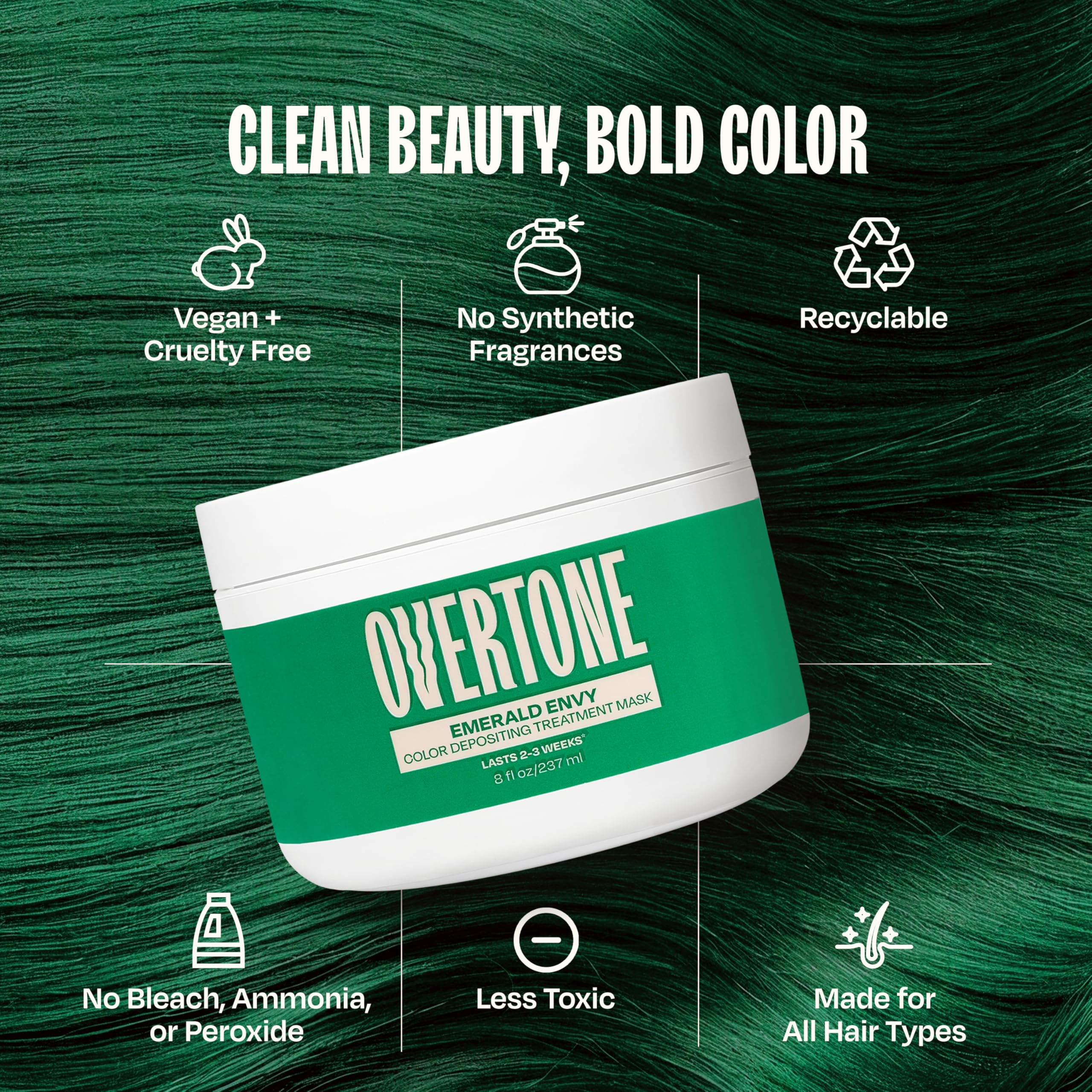 oVertone Emerald Envy hair closeup showcases salon-quality results at home.