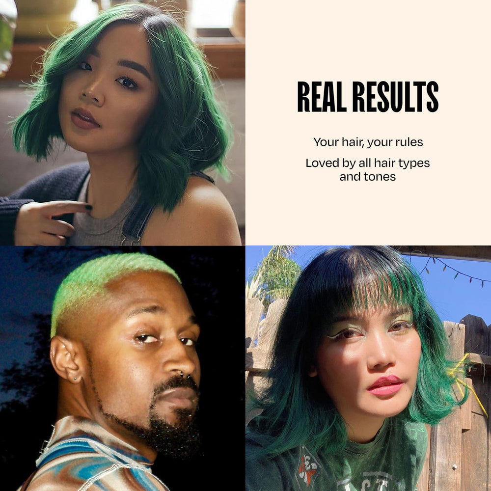oVertone Emerald Envy hair after application shows moisture and natural shine.