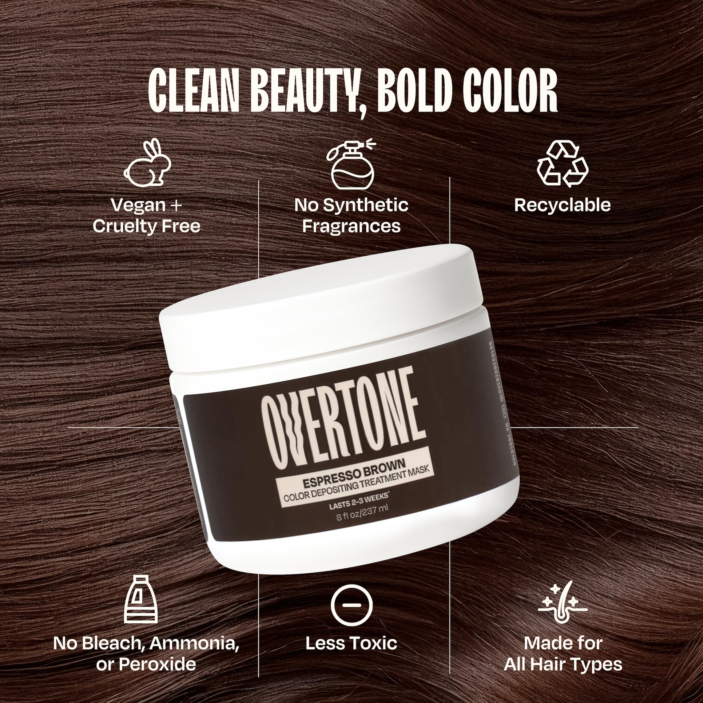 oVertone Espresso Brown moisturizing avocado oil supports healthy shine.