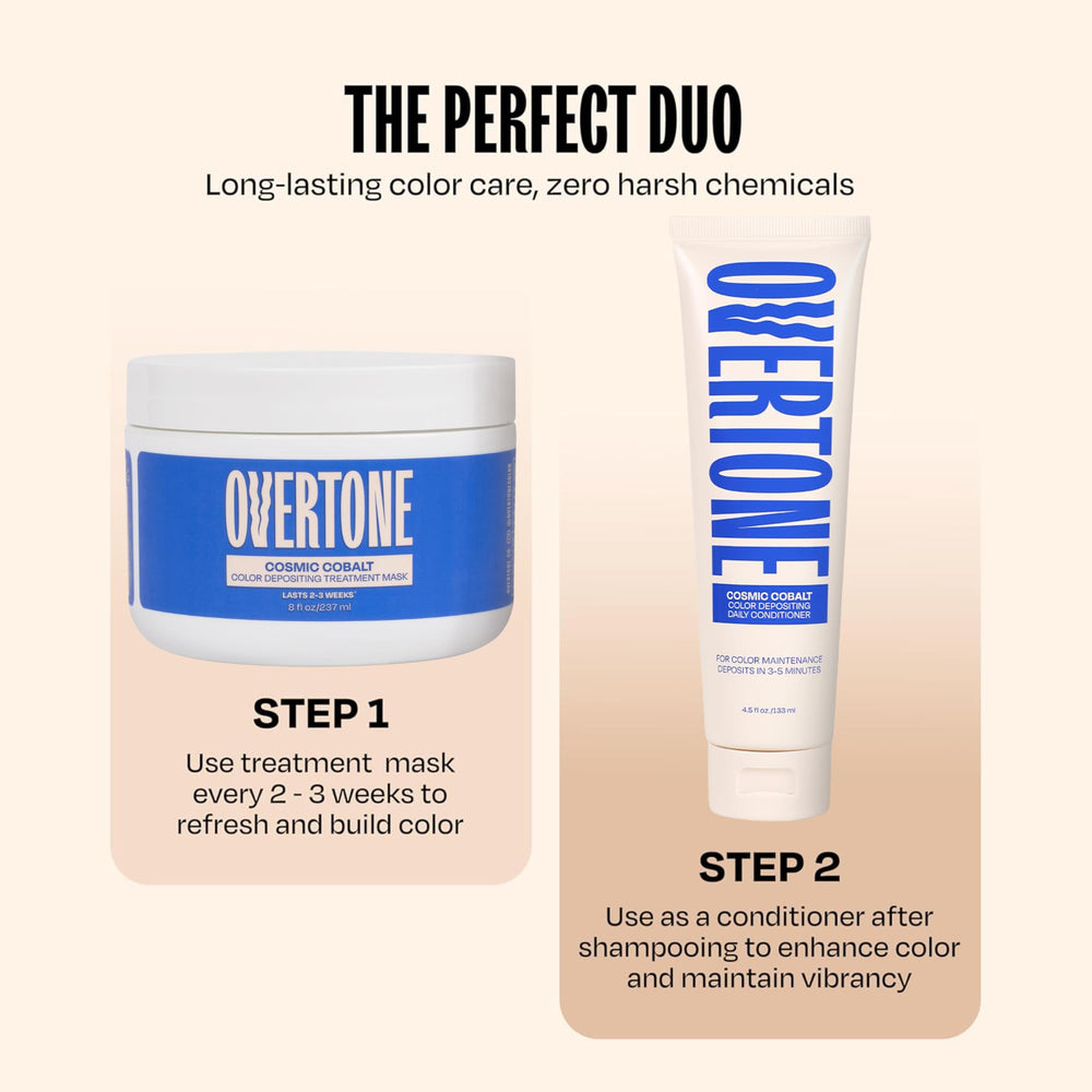 Overtone hair-shine after use shows glossy blue finish and healthy texture