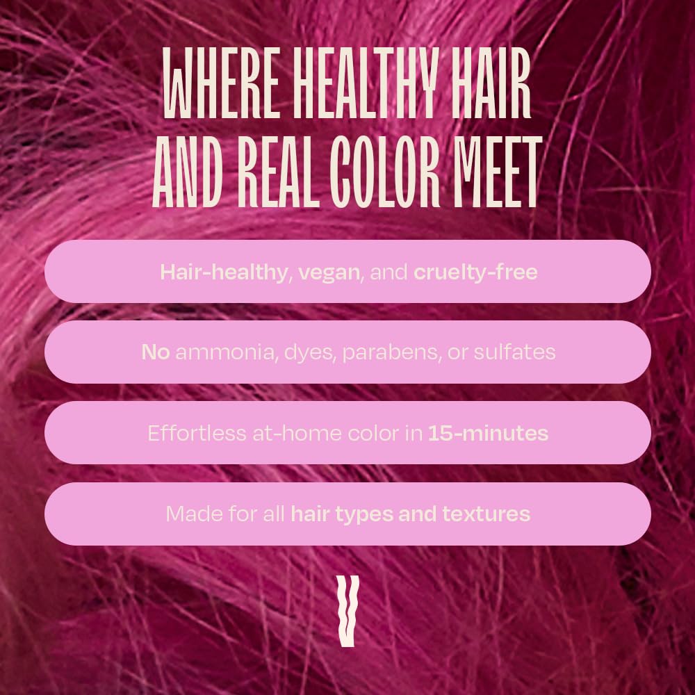 Overtone magenta pigment on brown hair demonstrates bold color with shine