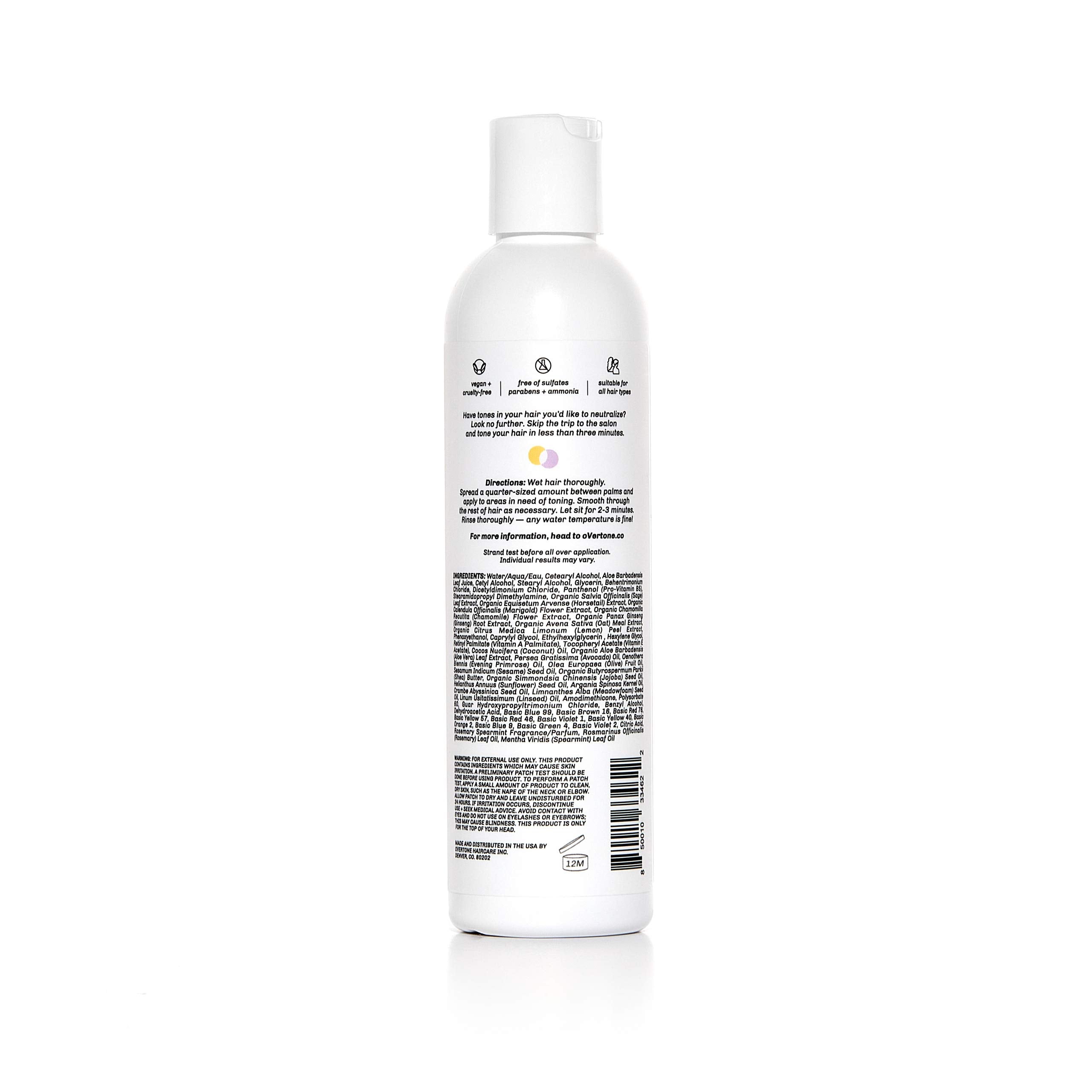 overtone Purple Toning Conditioner on sink shows compact 8 oz packaging for at-home color maintenance