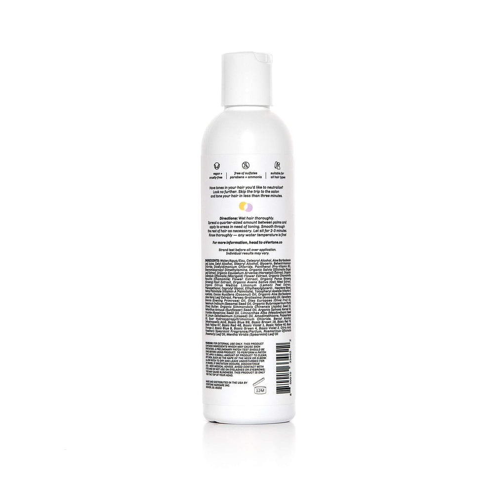 overtone Purple Toning Conditioner on sink shows compact 8 oz packaging for at-home color maintenance