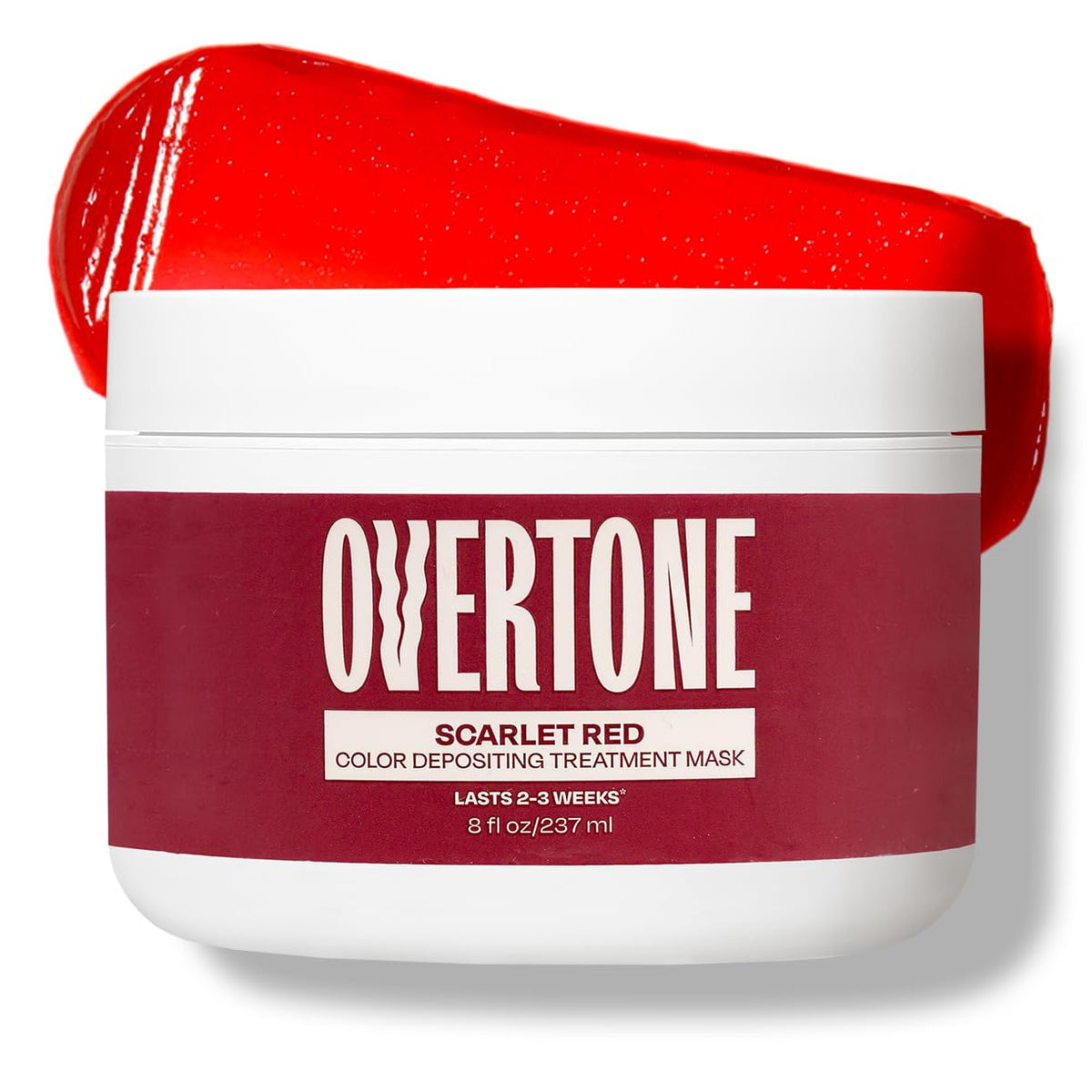 oVertone Scarlet Red bottle front shows vibrant color option for all hair types.