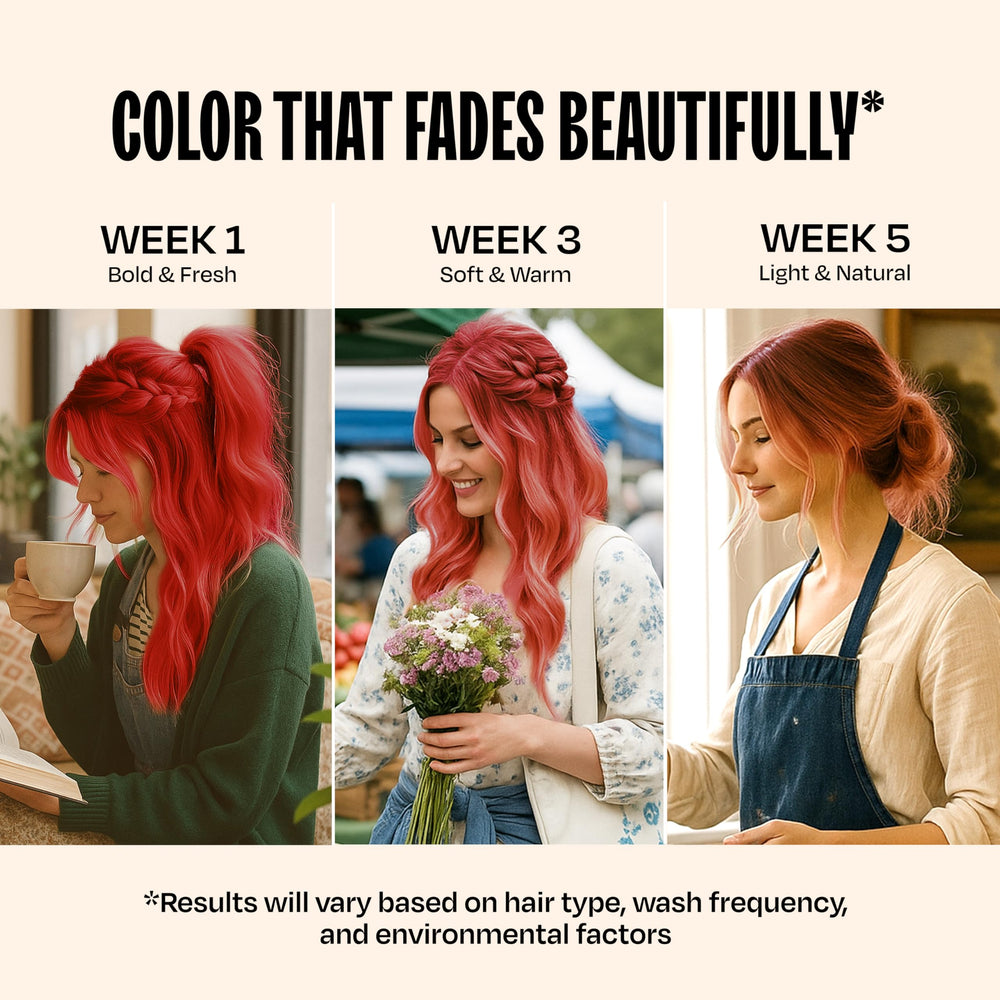 oVertone Scarlet Red hair texture close-up illustrates moisture-rich, damage-free color deposit.
