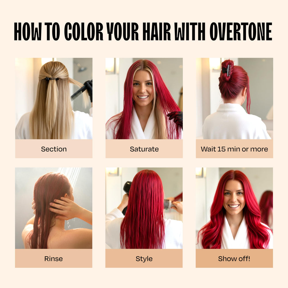oVertone Scarlet Red on multiple hair types shows color deposit across diverse textures.